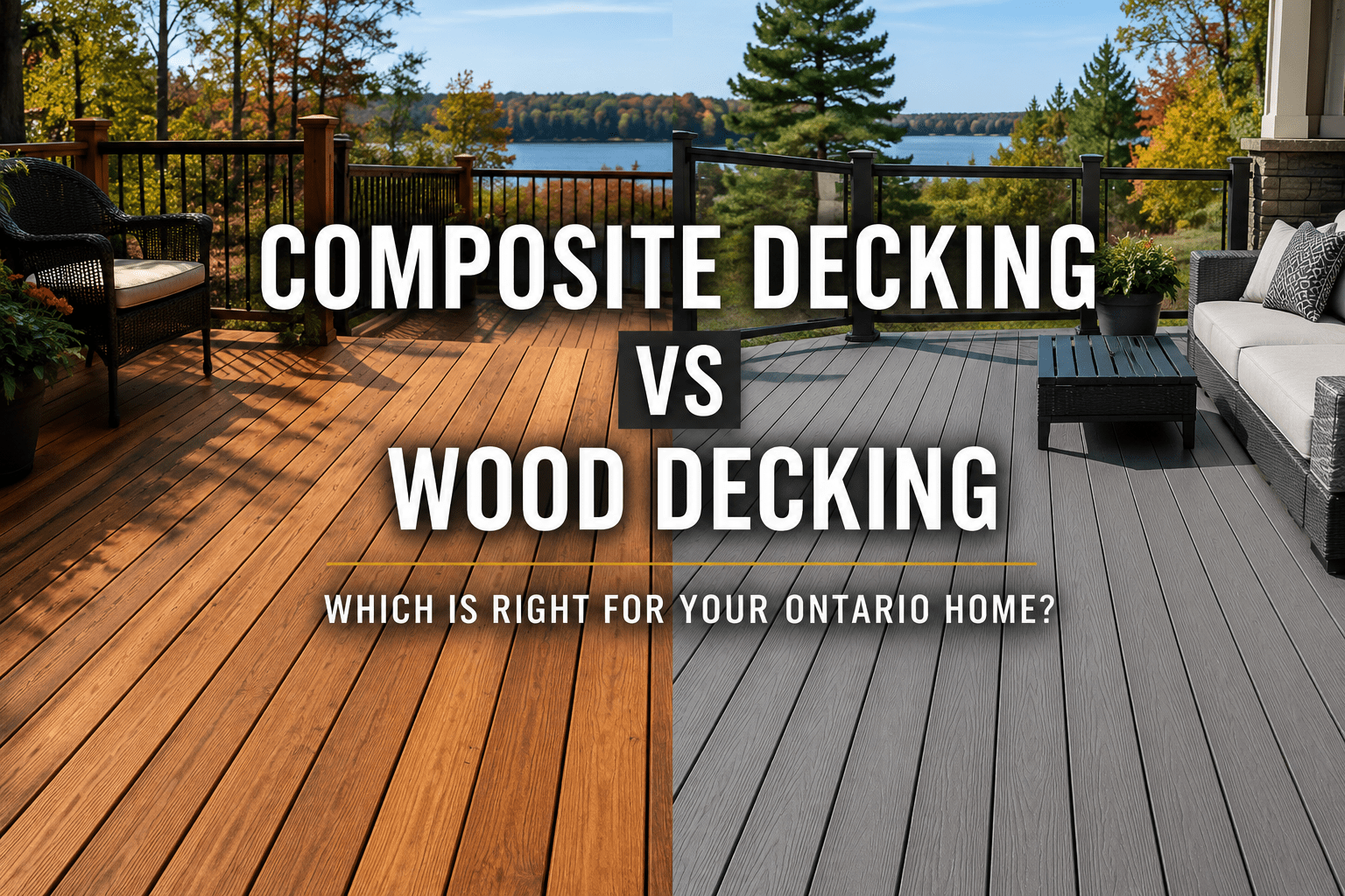 Composite decking vs wood decking comparison on a custom backyard deck in Ontario