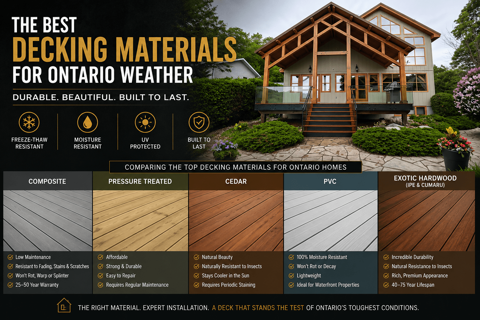 Comparison of the best decking materials for Ontario weather including composite, pressure-treated wood, cedar, PVC, and IPE hardwood decking.
