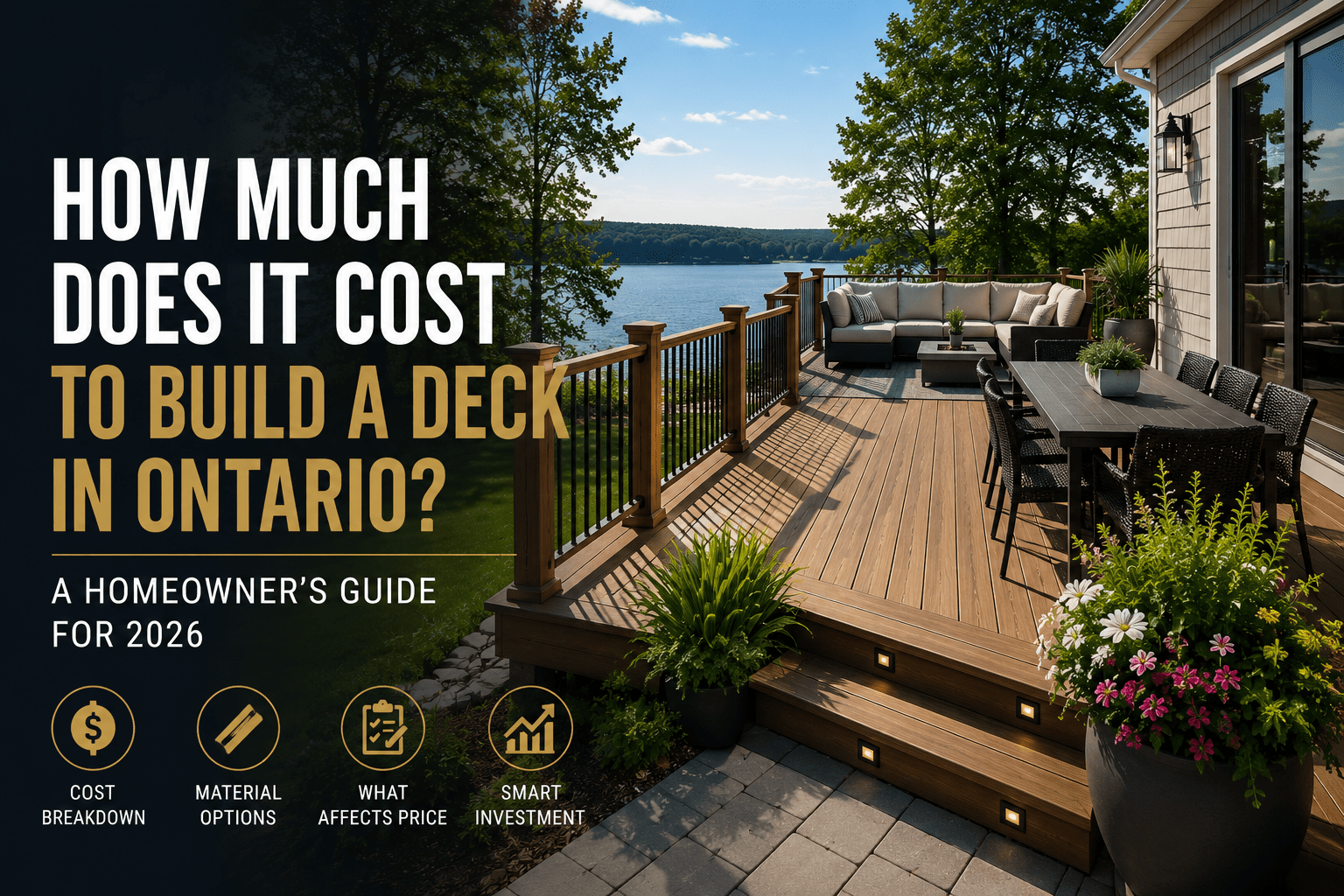 Luxury composite backyard deck in Ontario illustrating deck building costs and pricing guide for 2026